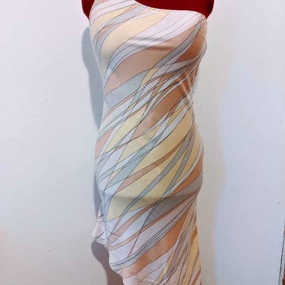 🚨Bebe Silk Pink Yellow Pastel Asymmetrical Dress M L - Picture 5 of 11